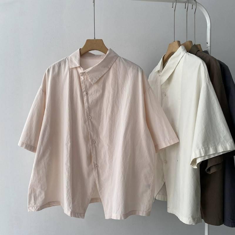 Cotton Shirts Women Vintage Short Sleeve Polo Neck Casual Summer Single Breasted Korean Style One Piece Blouse Women