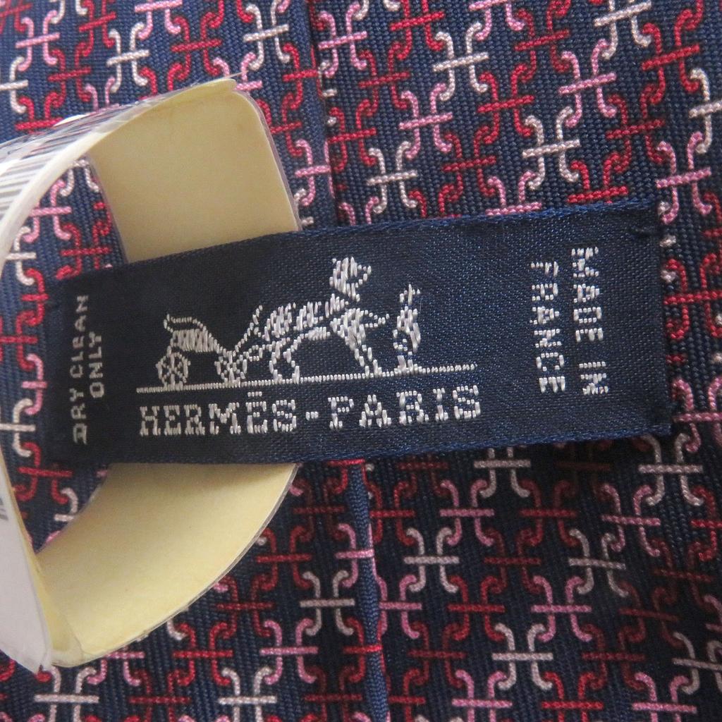 Pristine HERMES Tie PARENTHESES H Logo All-over Pattern Marine Rose Bron Used