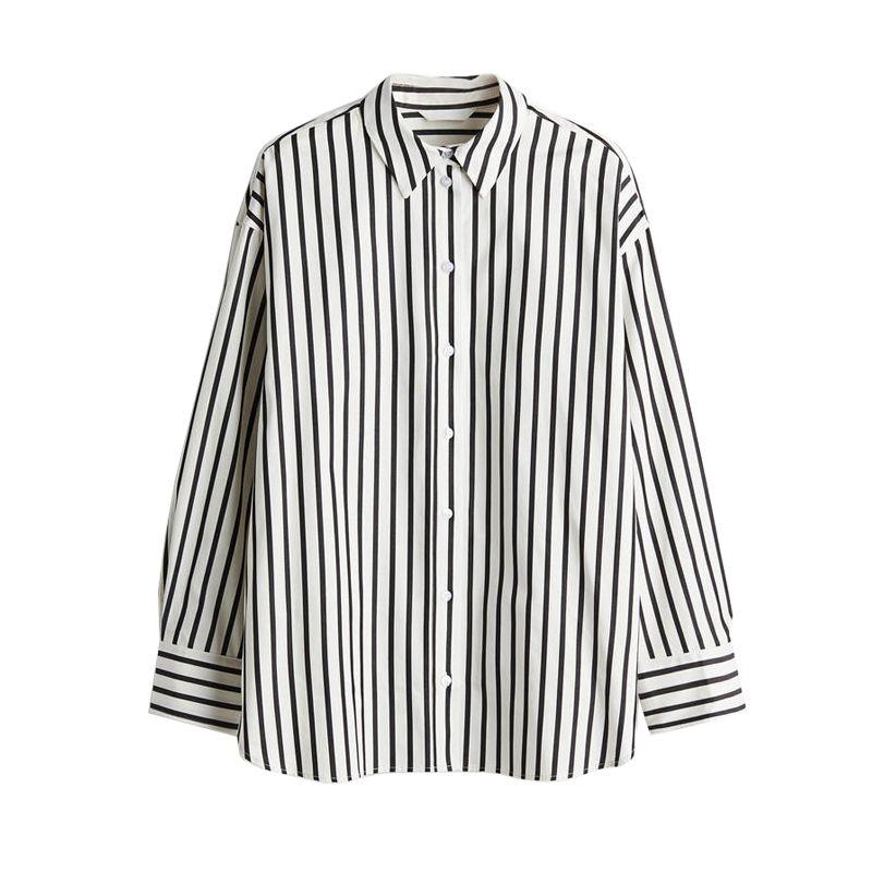 

Summer New Women clothes Loose Fashion Simple and Comfortable Lapel Stripe Long sleeve Shirts Top 1265984 Black Stripes L