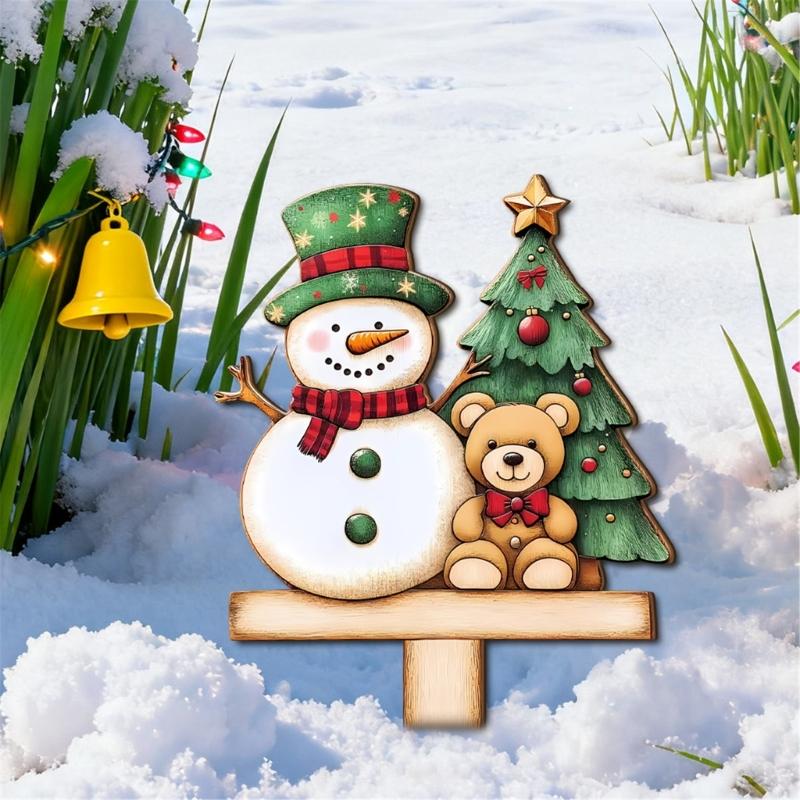 Santa Snowman Holiday Yard Stake Handcrafted Wooden Door Plaque For Seasonal Celebration Party Decoration