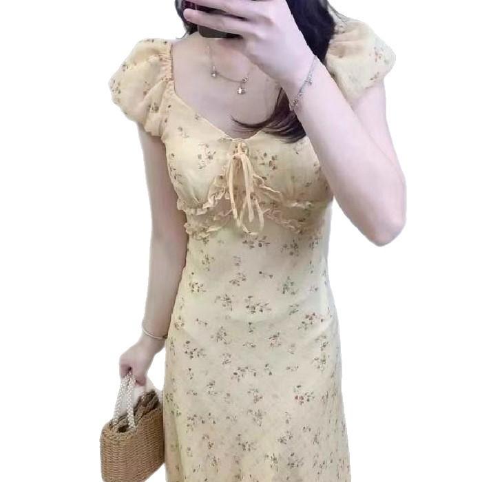 French sexy V-neck floral dress women's summer temperament waist long dress coffee break dress seaside vacation dress