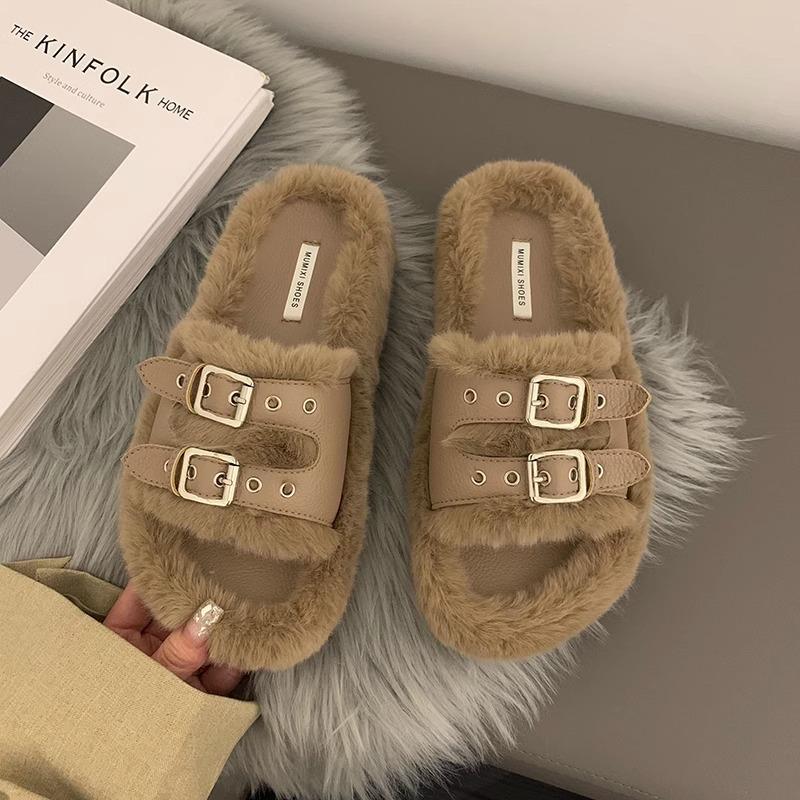 

Thick-soled fashion fluffy slippers women wear 2024 new one-word fluffy cotton towed out fluffy shoes in autumn and winter 40 хакі