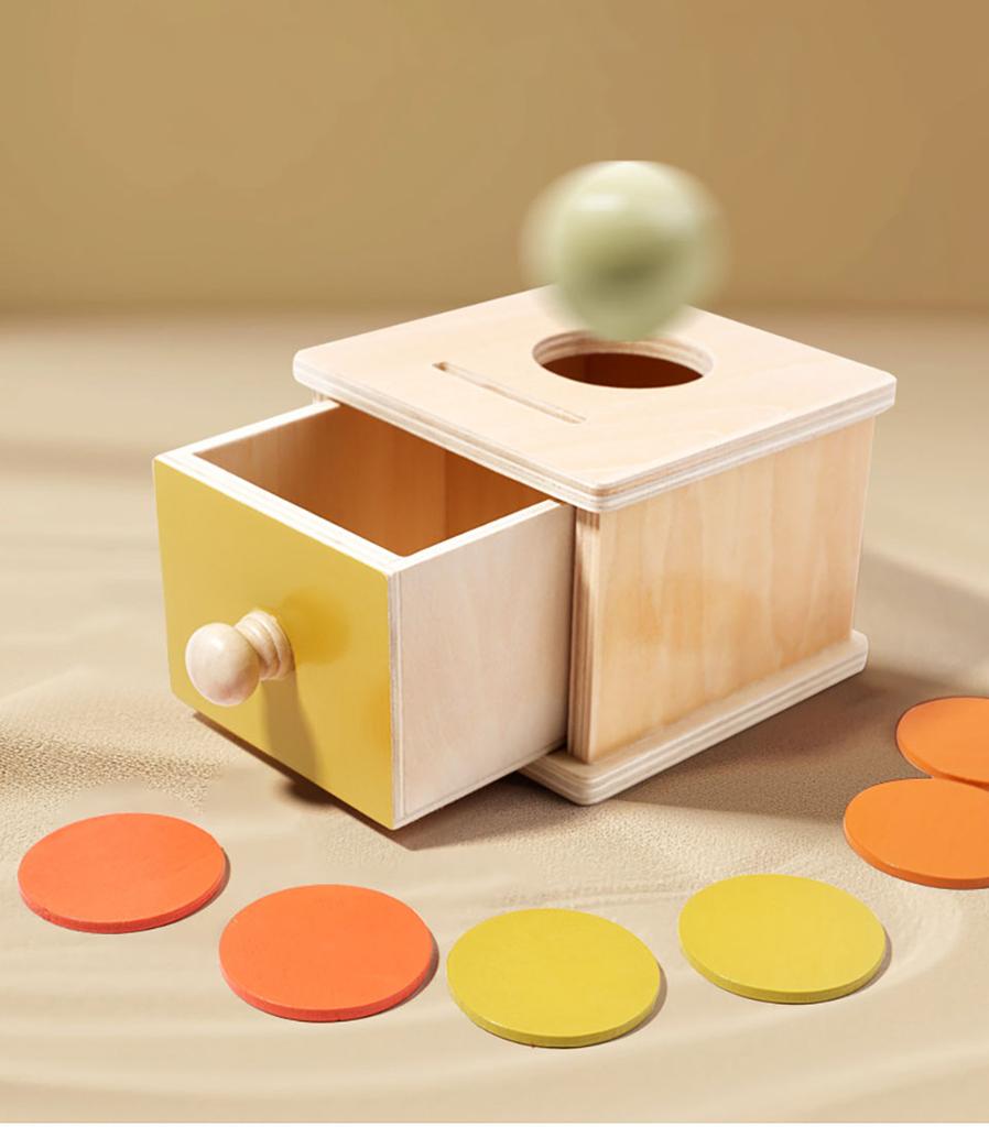 Montessori Coin Box Toys Object Permanent 2-in-1 Wooden Ball Drop Games & Wooden Puzzle Double Drawers Toys Gifts for Toddler