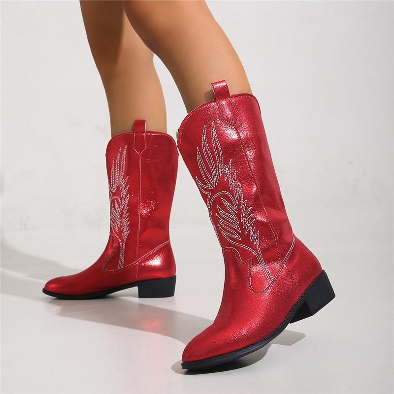 Stivali Alti da Cowboy Ricamati da Donna Punta Appuntita Tacco Chunky a Blocco Stivali Lunghi Western Calzature Moda Retrò per Autunno Inverno