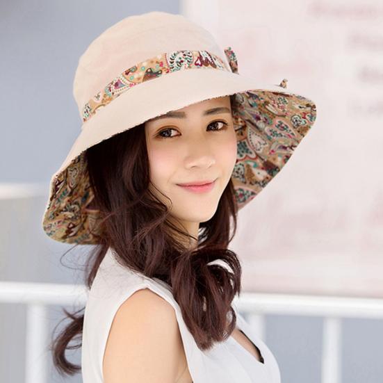 Sun Hat Fashion Print Wide Brim Temperament Foldable Anti Sun Cap for Beach