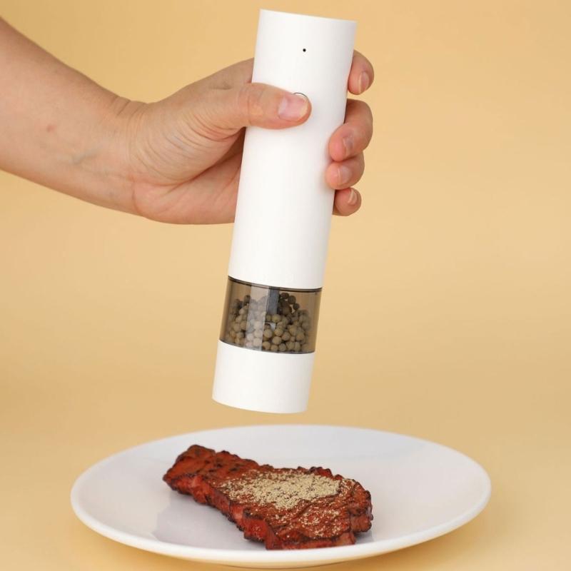 Button Touch Electric Spices Grinder for Salt & Pepper, Clear Chamber Rechargeable Pepper Mill for Desktop Seasoning and Kitchen Preps