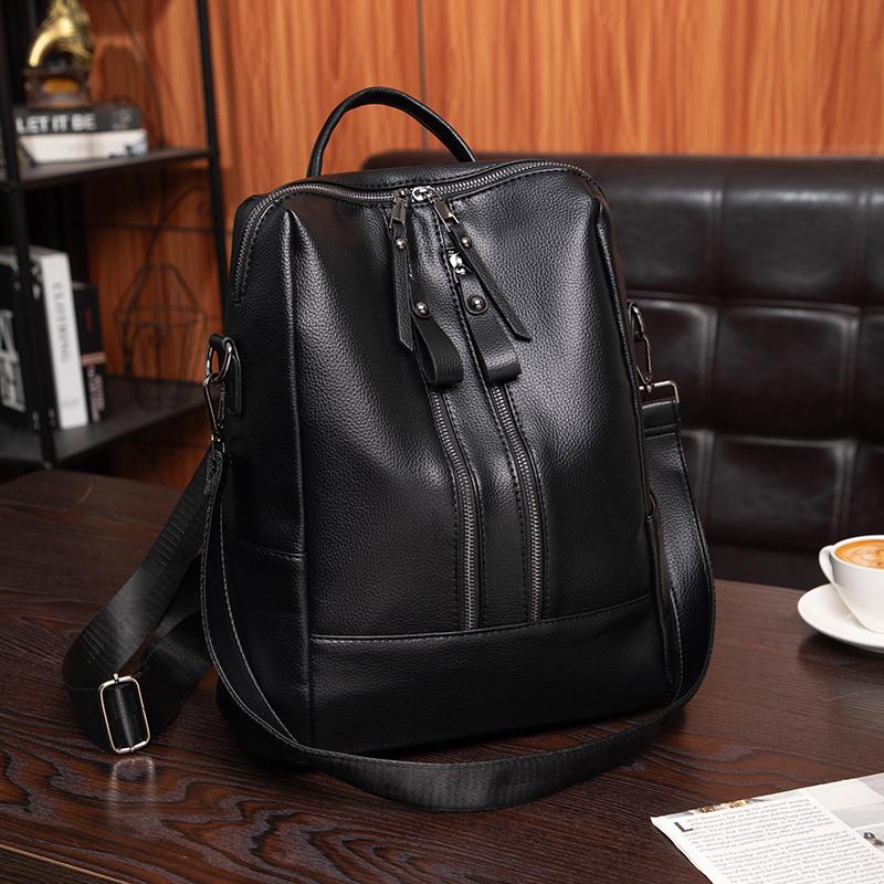 Women's PU Backpack Double Zipper Solid Color Retro Large Capacity School Bag Multifunctional Shoulder Bag