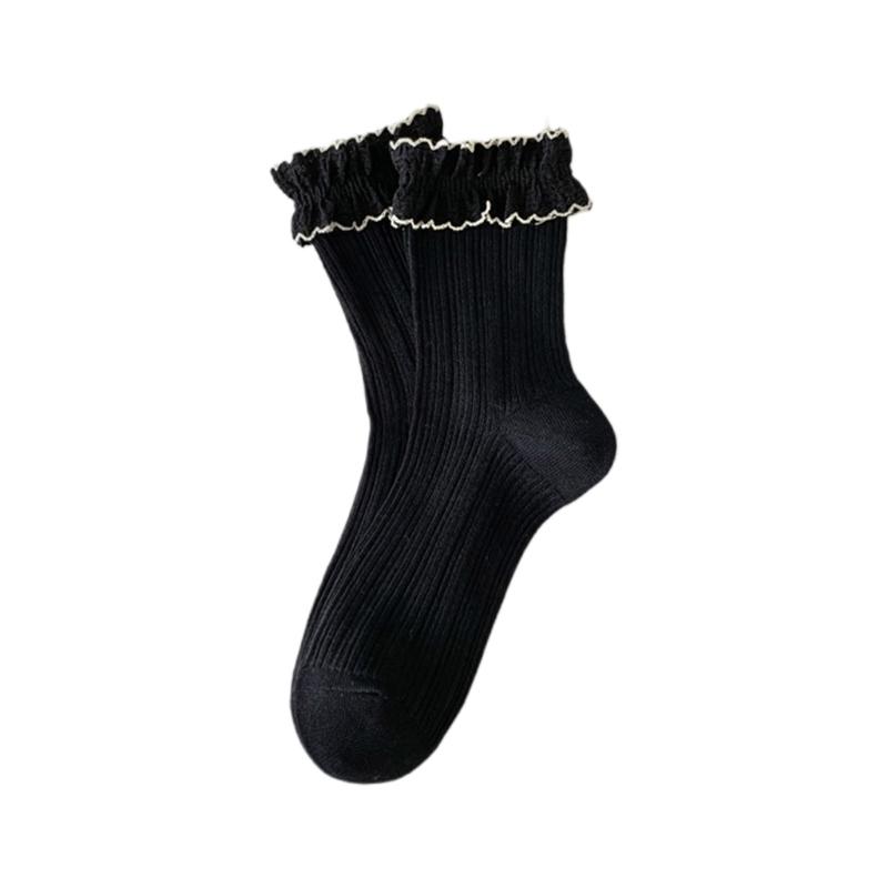 Sweet Lace Ruffle Turn-Cuff Crew Socks for Women Vintage Black White Frilly Edge Cotton Ribbed Knit Princess Ankle Socks One Size