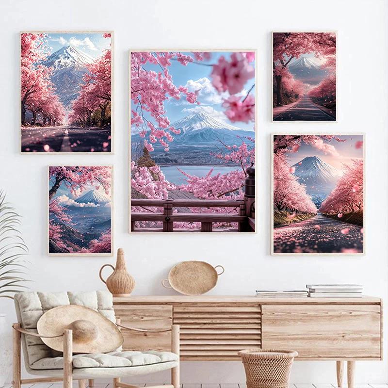 Pink City Asian Travel Japanese Cherry Blossoms At Mount Fuji Poster Light Prints Canvas Painting Wall Pictures Home Room Decor