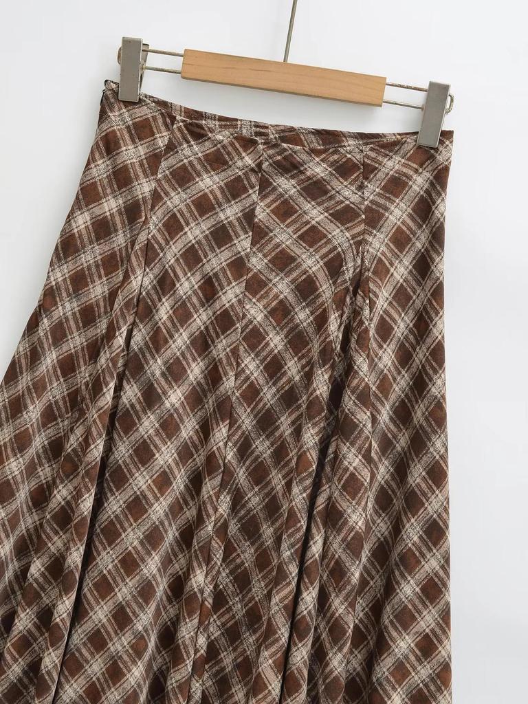 Triangle Panel High-Waisted Plaid A-Line Skirt - Women's Autumn/Winter Retro Style