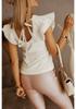 Sommer einfarbiges T-Shirt mit Bindebändern, Rüschen und Rückenausschnitt