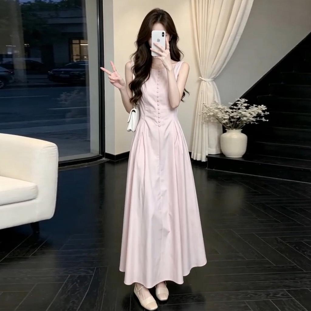 New French temperament pink sleeveless suspender dress, generous and decent in summer, beautiful waist dress