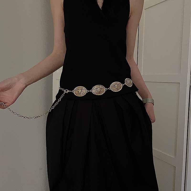 Retro Haute Design Sense Metal Waist Chain Women'S Niche Design With Fashion Tide Oval Bullhead Ethnic Style Belt Women