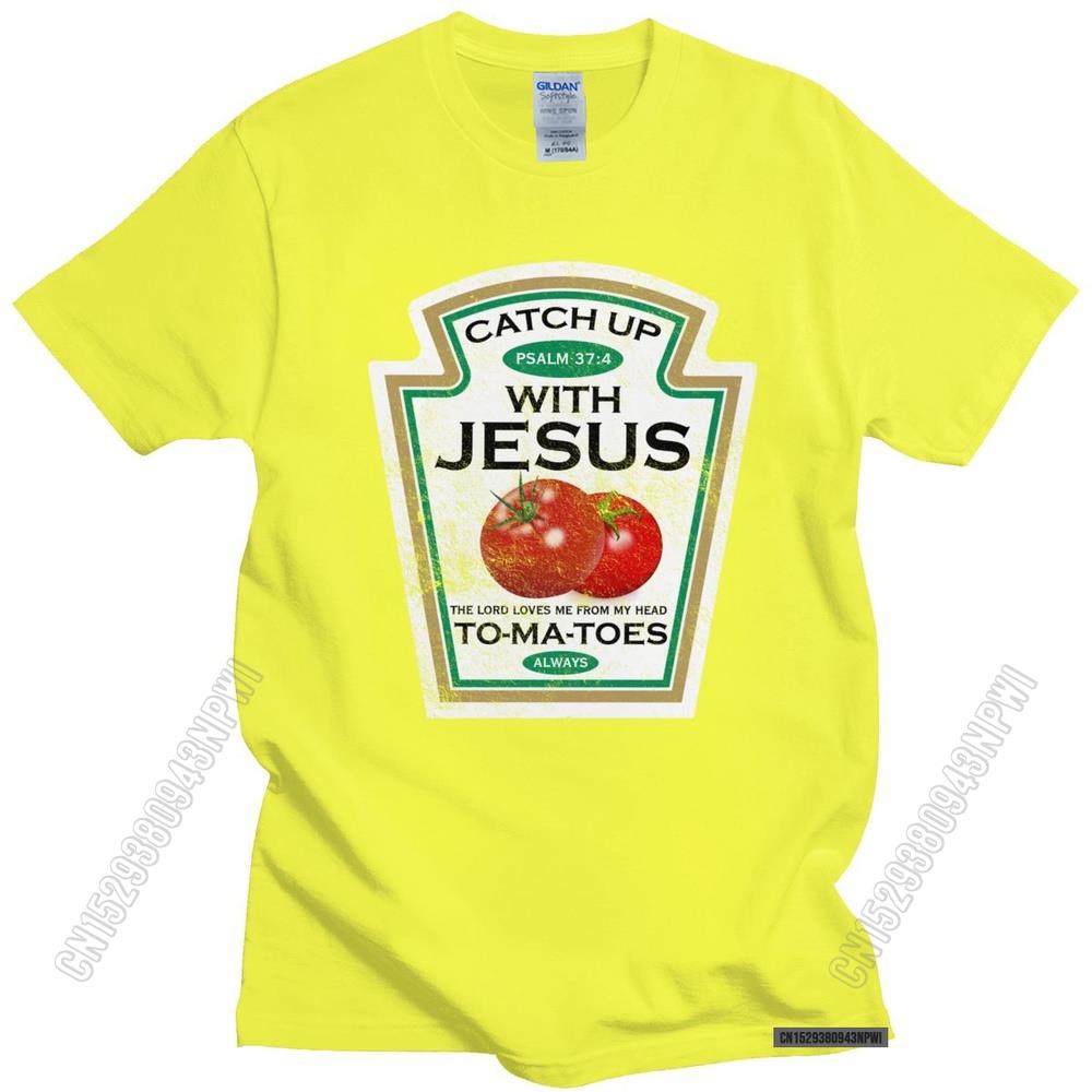 Lustiges Catch Up With Jesus T-Shirt Herren Vintage Vegan Tomaten T-Shirt Christliches Geschenk Veganismus O-Ausschnitt Baumwoll-T-Shirt Merchandise