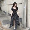 French Square Neck Floral Dress Women's Summer New Spice Girl Waist Medium and Long Split A-shaped Skirt