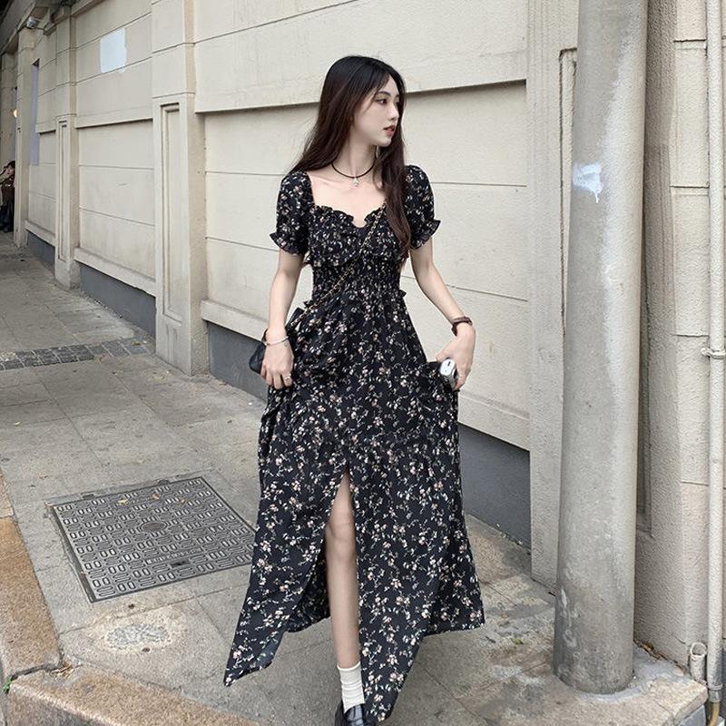 French Square Neck Floral Dress Women's Summer New Spice Girl Waist Medium and Long Split A-shaped Skirt