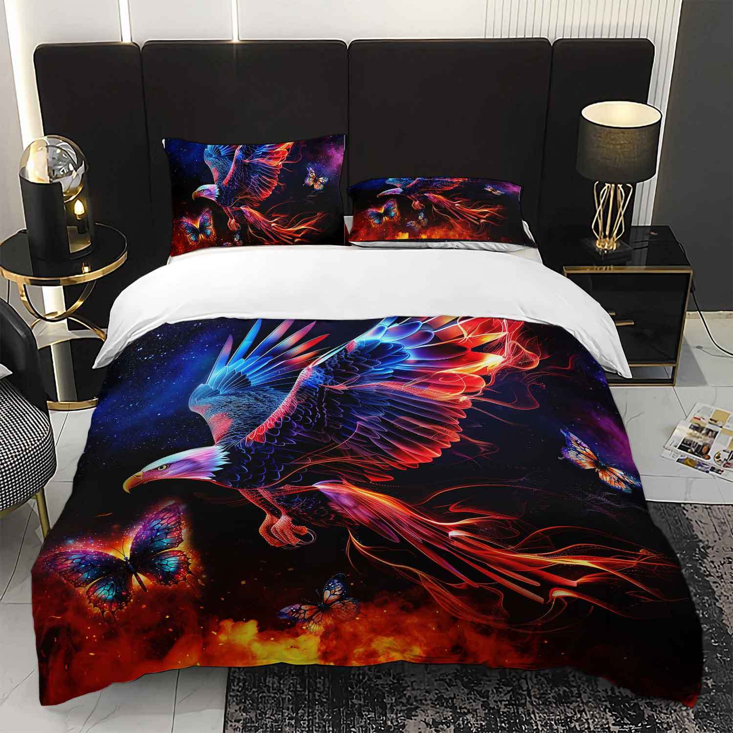 3pcs Fiery Eagle & Butterfly Bedding Duvet Cover Set Eagle Butterfly Bedding Set Abstract Eagle Themed Bed Quilt Set for galaxy Duvet Cover Set&EU Single(135x200cm)