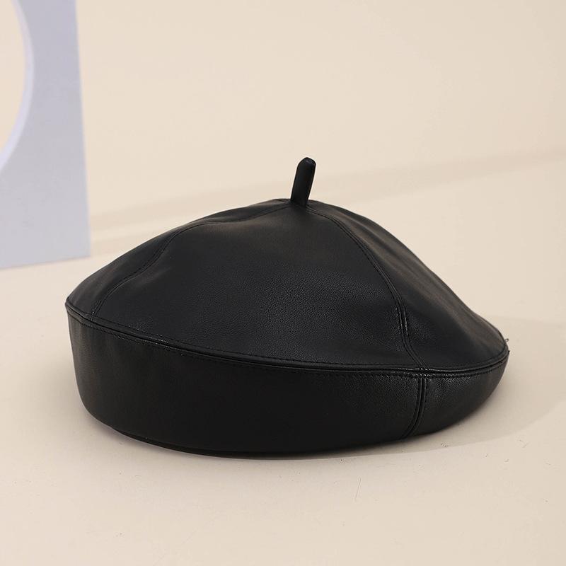 Korean Style Women'S Pu Leather Beret Hat - Solid Color Winter Painter Cap, Fashionable Autumn Winter Headwear Retro Casual
