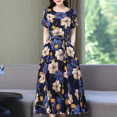 Women's Spring and Summer Thin Plus Size Printed Casual Long Dress Slim Round Neck Short Sleeve Dresses
