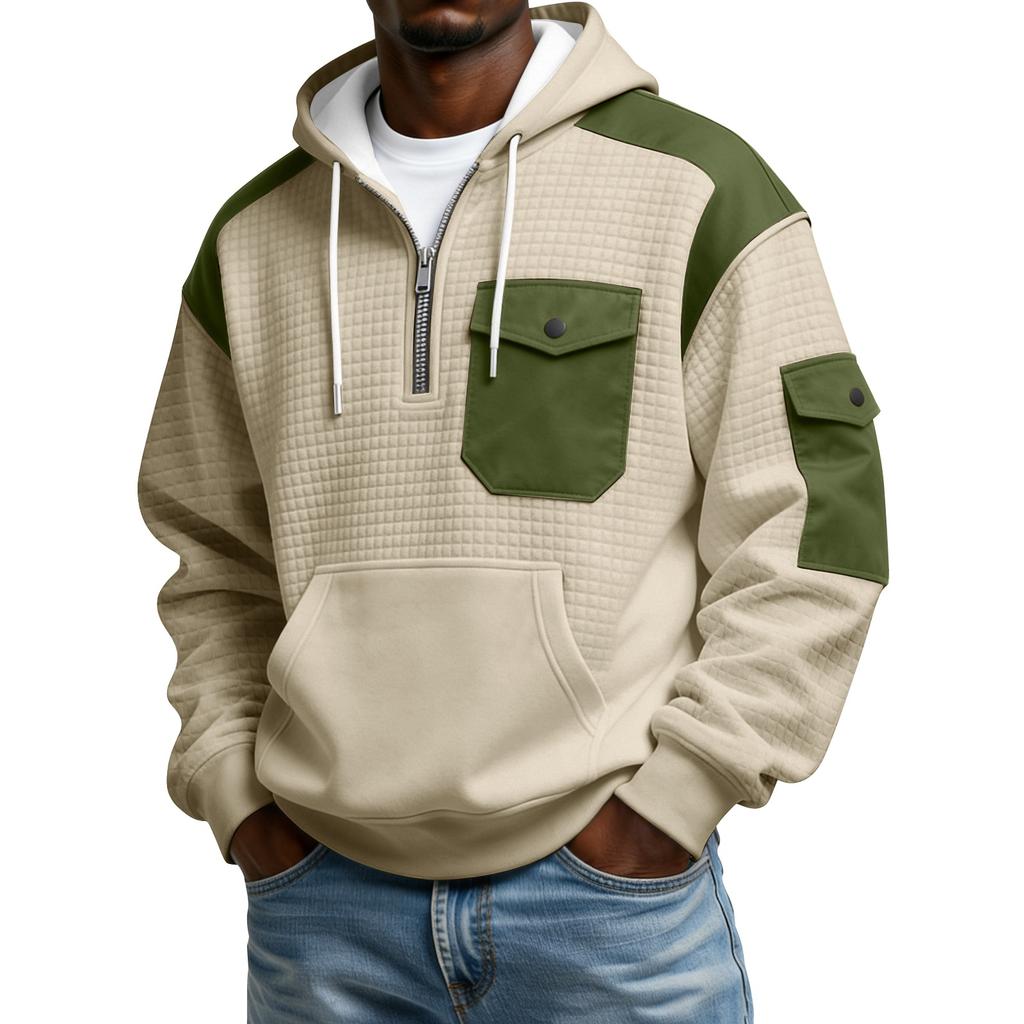 Men's Winter Color Blocked Button-Down Collar Multi-Pocket Hoodie Men's Sports Plus Size Casual Sweatshirt