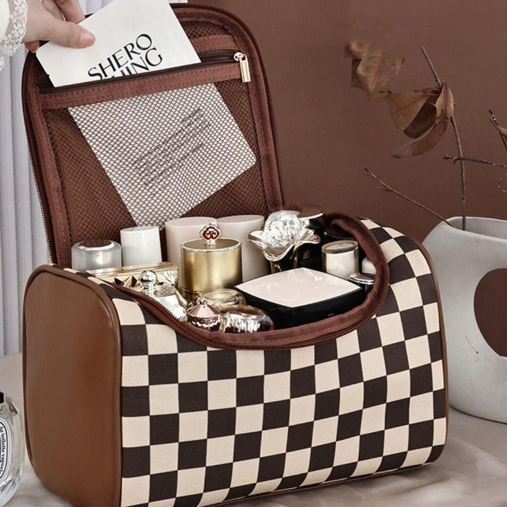 PU Leather Checkerboard Makeup Bag Hamburger Hamburger Travel Wash Bag  Outdoor