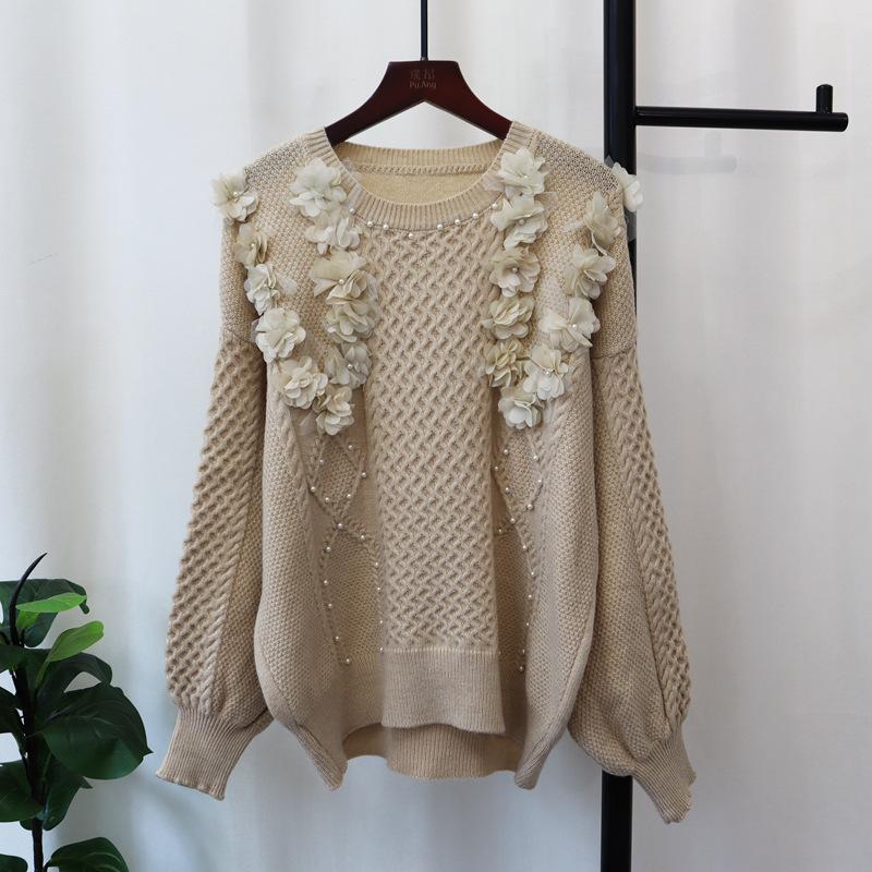 

Осень и зима новый свитер с бисером и трехмерными цветами, пуловер свободного дизайна, милый вязаный топ для женщин one size fits all хаки