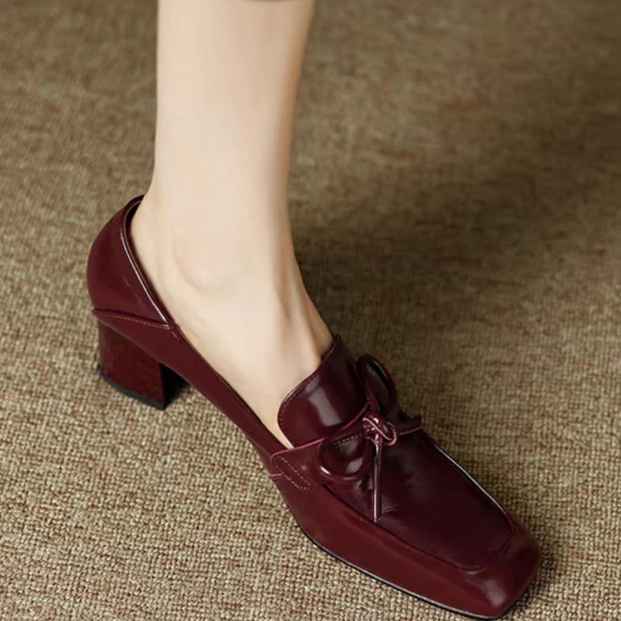 Retro square head British style small leather shoes women's 2025 spring and autumn new bow thick heel high heels deep mouth single shoes