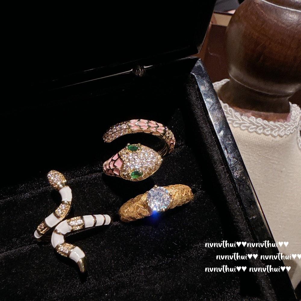 Italienischer Retro Schlangen Emaille Edelstein Ring, Neujahrsschmuck, Vergoldeter Schlangen Zirkonia Ring Gestapelt