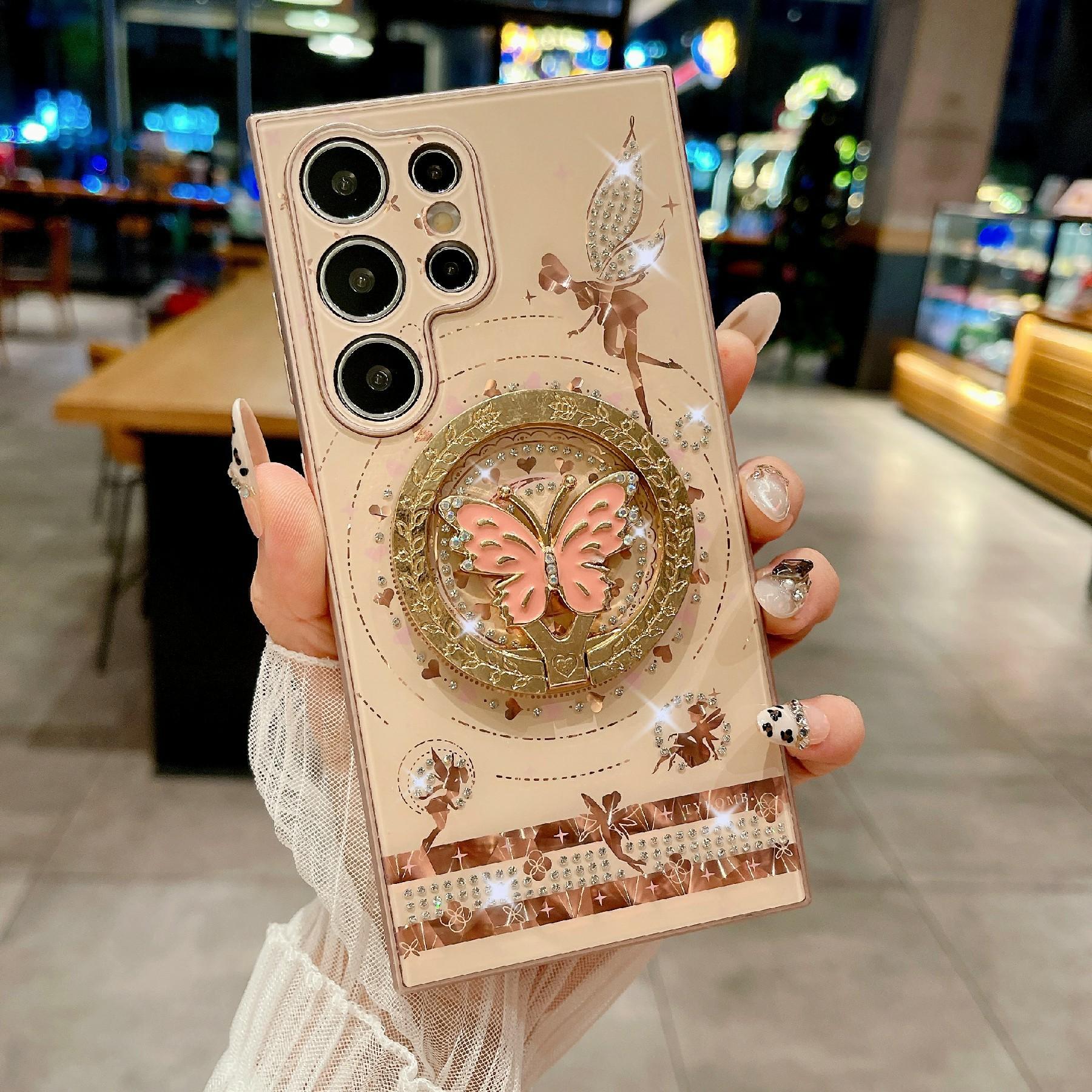 

For Samsung Galaxy S25 Ultra Magnetic Case Kickstand TPU+PC Phone Cover Butterfly Pattern Rhinestones Decor Pink