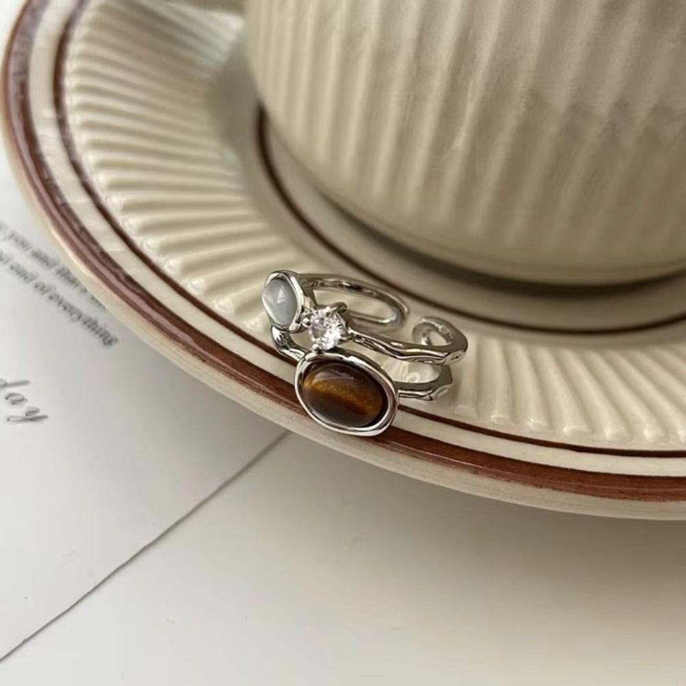 Open Ring Zircon Double Layer Ring Brown Stone Geometric Resizable Ring  Aesthetic Accessories