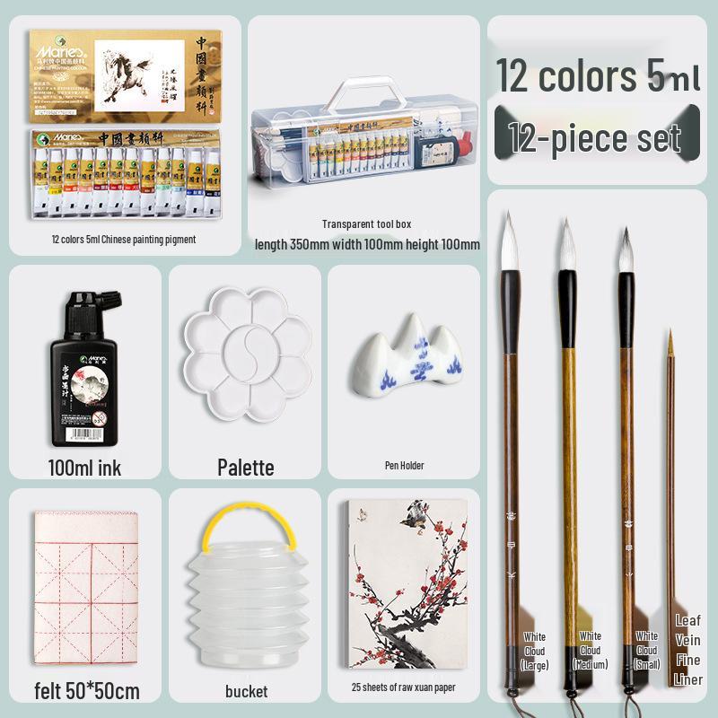 

Набор пигментов для китайской живописи Marie для начинающих - 12 или 24 цвета, полный набор для рисования тушью с кистями и материалами