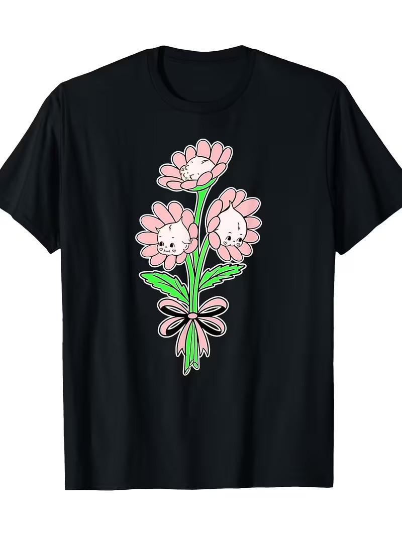 Kewpie Flower Bouquet Graphic Tee, 100% Cotton Crew Neck T-Shirt, Casual All-Sea L