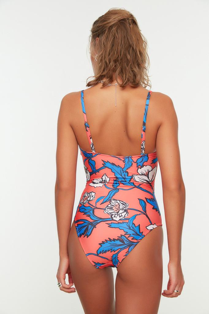 Women's New Season Swimsuit Floral Patterned Double Breasted Tied Normal Leg Swimsuit