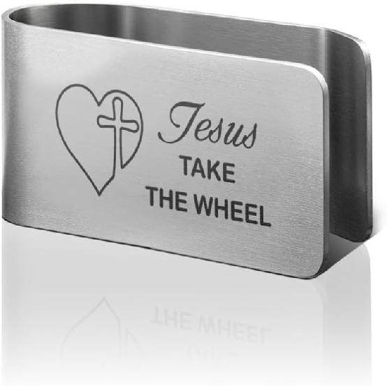 Jesus Take The Wheel Funny Religious Engraved Stainless Steel Car Visor Clip, Christian Gifts for Family Friend Driver, Travels Visor Car Silver01