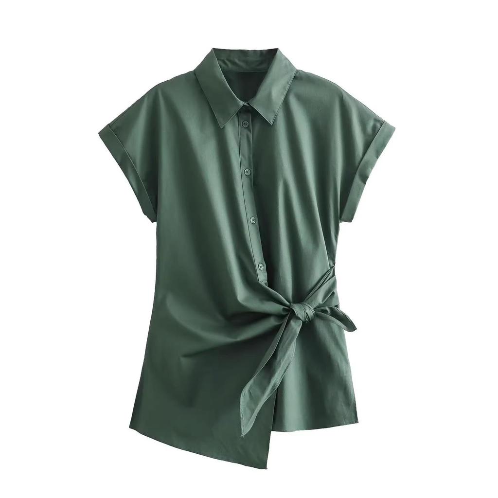 2025 Spring Women's European and American Fashion Bow Short Sleeve Poplin Shirt