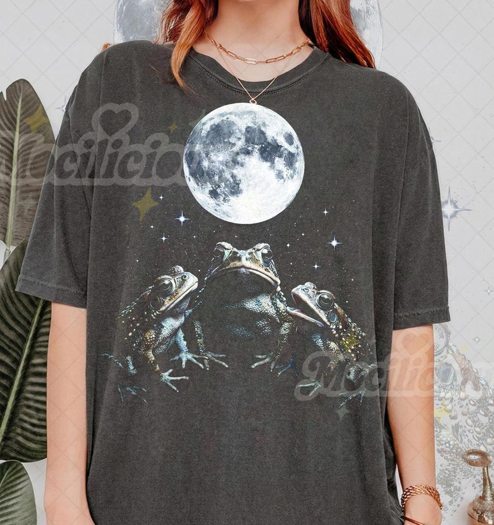 Vintage Frogs Moon 90s Graphic Style Comfort Colors® Tshirt, Retro Toad Faded T-Shirt, Nature Y2k Streetwear, Cottagecore Goblincore Gift
