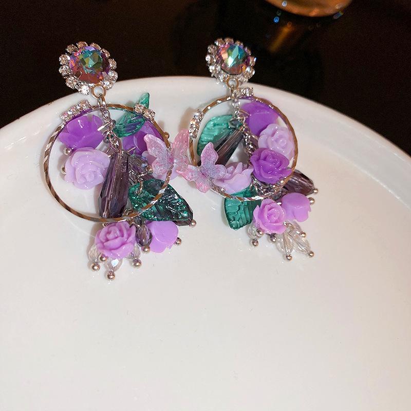 

Silver Needle Diamond Rose Flower Butterfly Tassel Earrings Light Luxury Premium Earrings Fashion Trend Temperament Earrings Women