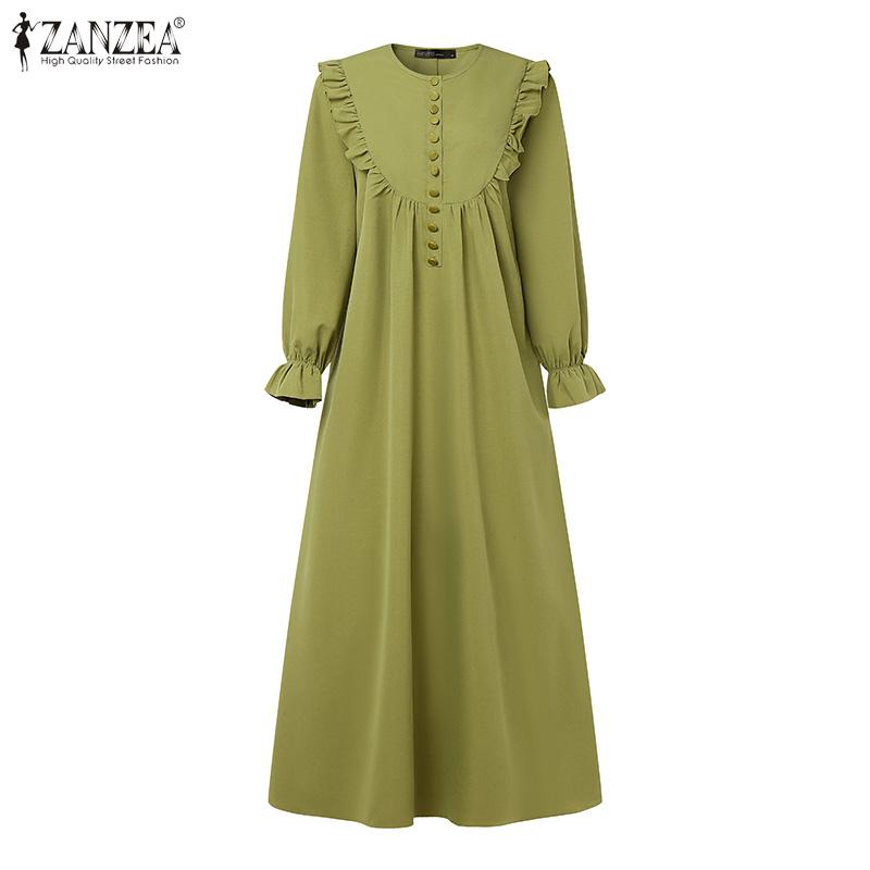 ZANZEA Women Casual Round Neck Solid Color Loose Long Sleeve Dress
