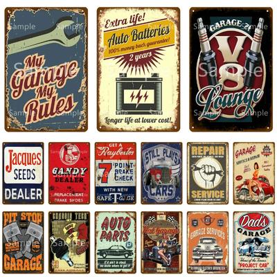 Vintage V8 Lounge Garage Decor Cars Metal Tin Signs Garage Rules Gas Oil Bar Painting Poster Plaque Pub Wall Decor YL048