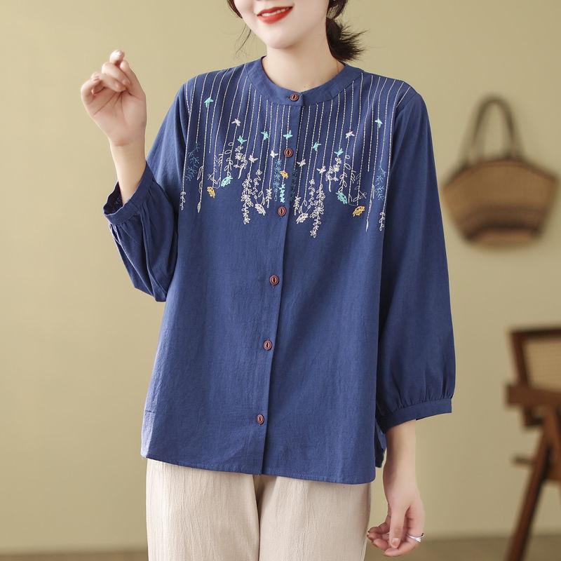 Autumn New Cotton Linen Embroidered Long-sleeved Shirt T-shirt Retro Ethnic Style Women's Top Cardigan Mom Wear