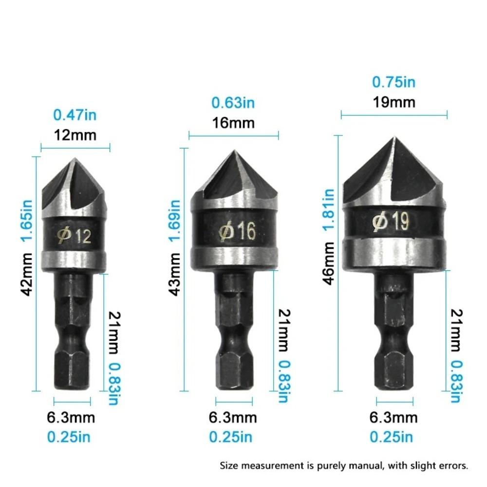 3pcs/1Set 90 Degree Countersink Drill Hexagonal Shank Drill Bit Cutter  Woodworking Hole Opener