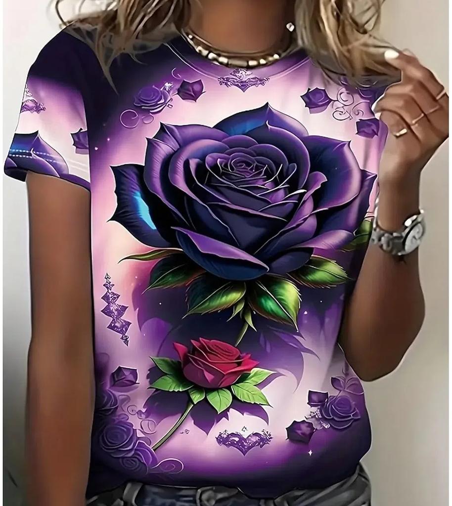 XXS-6XL Plus Size T-shirt for Women's Summer Fashion Beautiful Flowers Printed Casual Short Sleeved Crew Neck Tops Tees Clothing