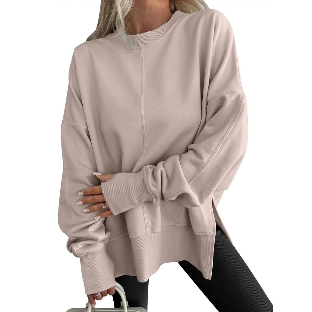Women Sweatshirt Casual Crew Neck Oversized Long Sleeve Pullover Tops Ladies Solid Color Blouse Soft Side Slit Sweatshirts