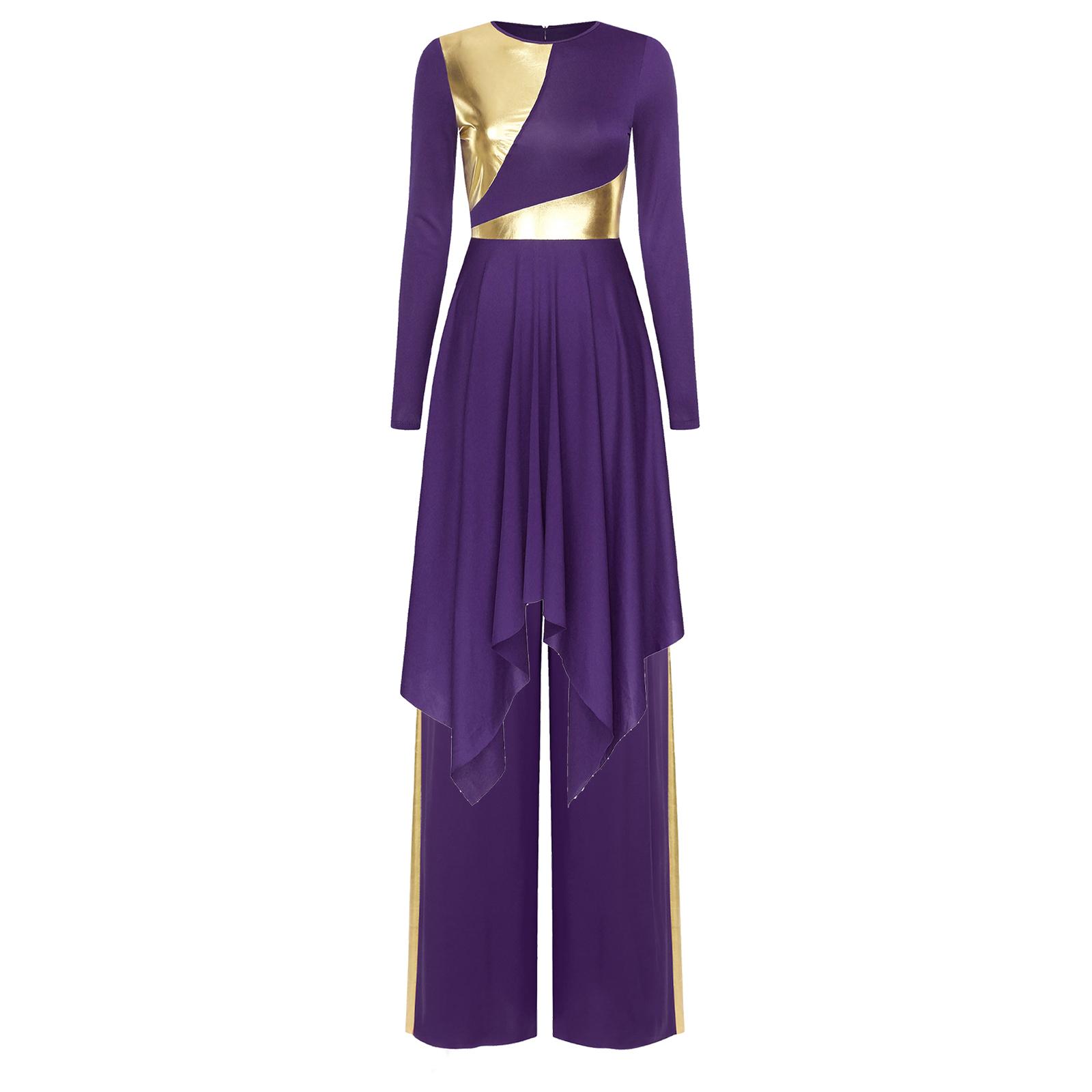 

Womens Liturgical Dance Outfit Church Worship Dancewear Long Sleeve Irregular Hem Metallic Color Block Dress Wide Leg Pants S темно-фіолетовий колір