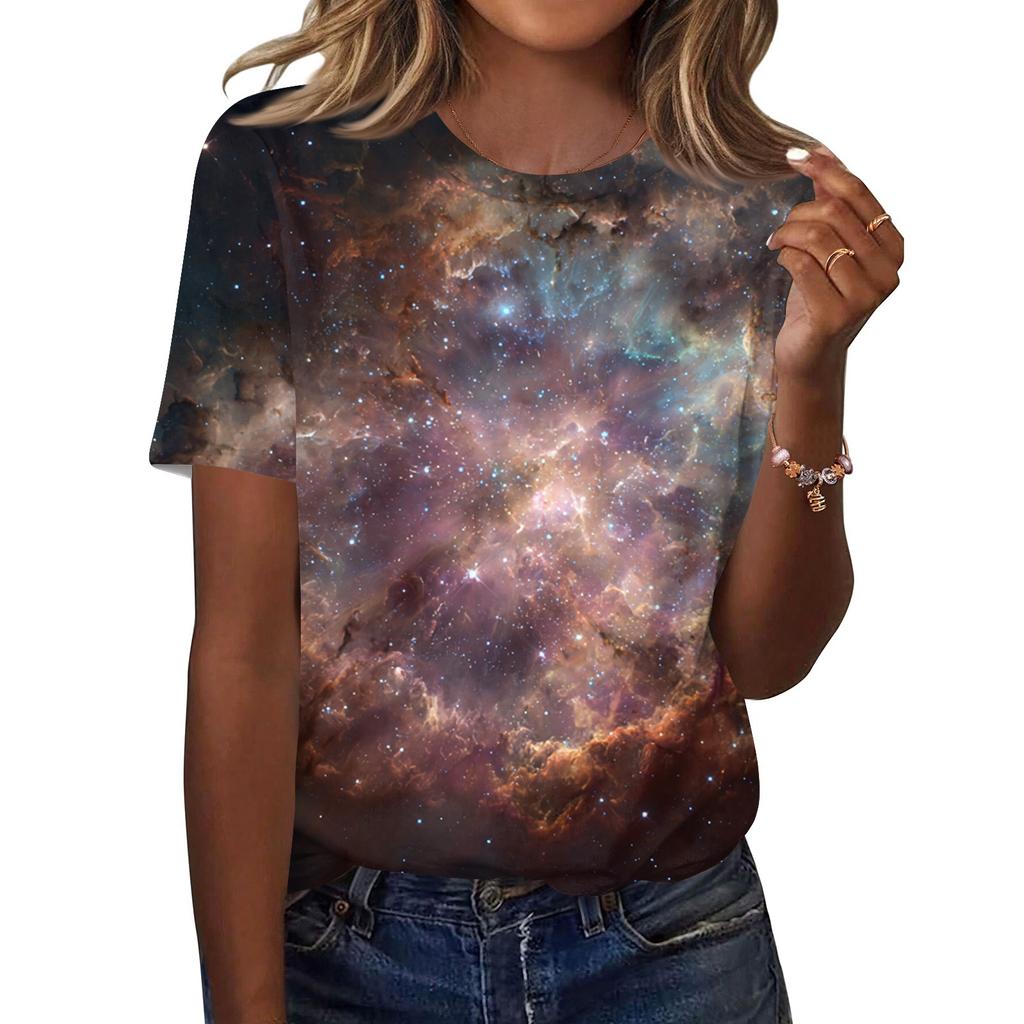 Women's Fashionable Casual Short Sleeve Print Round Neck Pullover Top