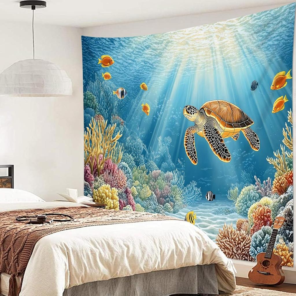 Blue Ocean Sea Turtle Tapestry Coastal Under the Sea Tropical Fish Coral Wall Tapestry for Bedroom Underwater World Sea Life