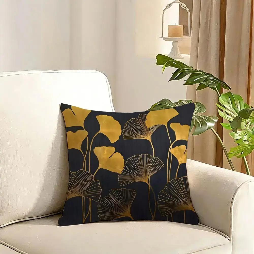 Ginkgo Leaves Printed Cushion Cover Reversible Plush Pillow Cover Soft Fluffy Home Decor for Sofa Bedroom