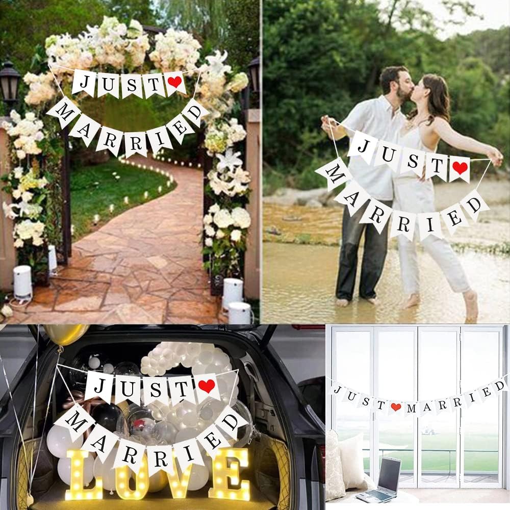 Just Married Car Decorations, Just Married Wedding Banner Set, Just Married Sign Banner Car Decorations Fit for Honeymoon Wedding, Photo Props and
