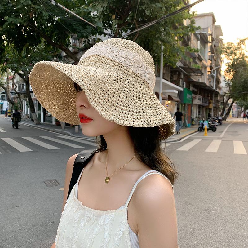 Women's Beige Woven Straw Hat Spring and Summer Japanese Style with Lace Bowknot Hollow Out Breathable Fisherman Hat