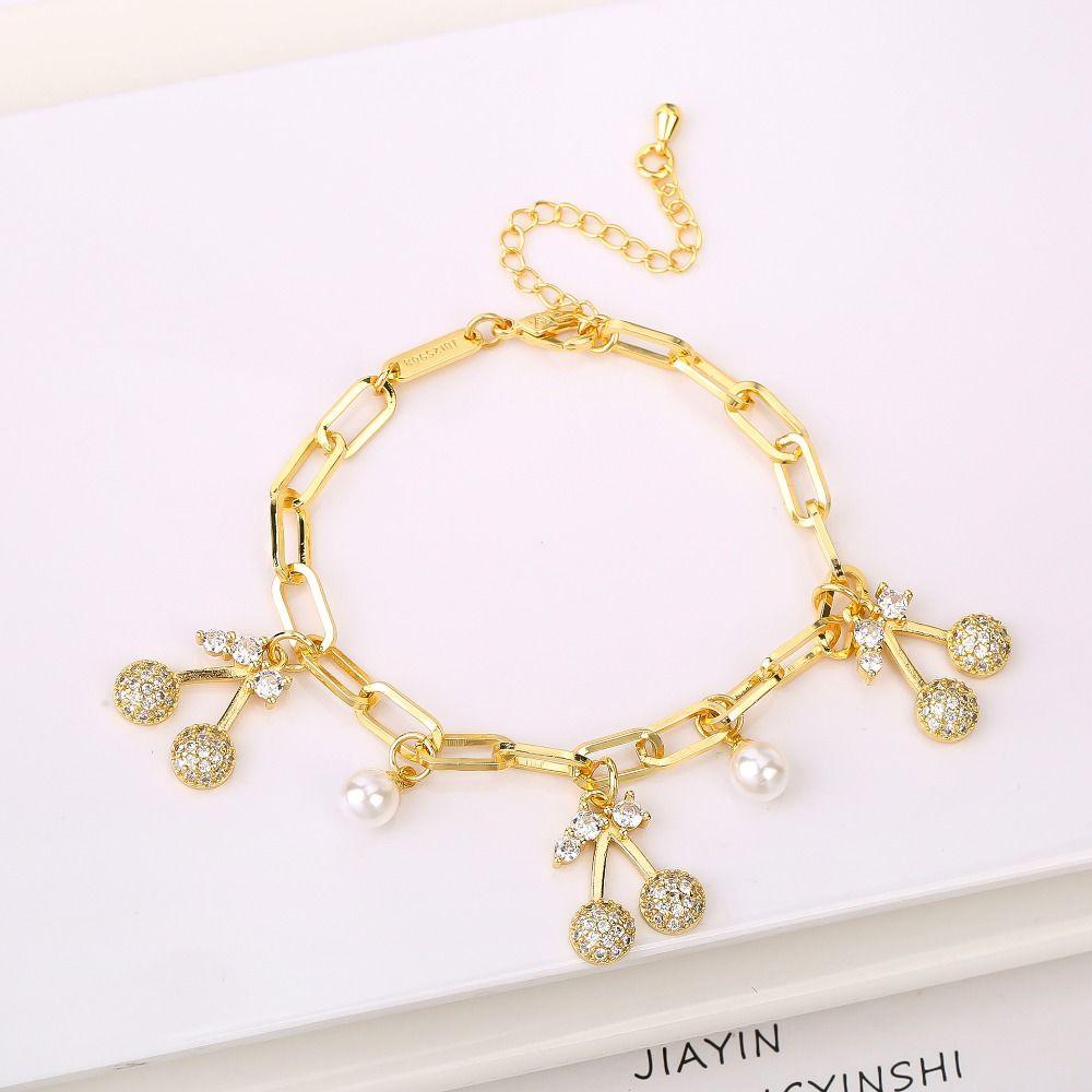 Fruit Cherry Charm Bracelet Gold Plated Metal Bracelet New Design Cherry Pearl Bracelet  Party